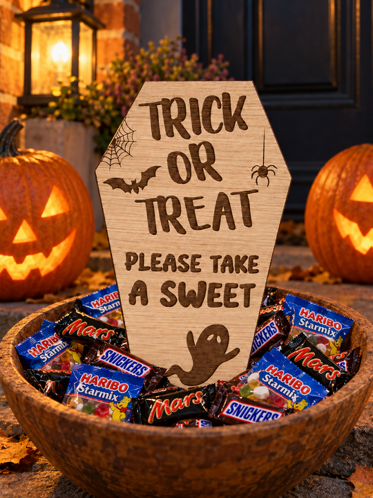 Oak trick or treat sign in a bowl of Haribo and fun size chocolate bars on a front doorstep at dusk