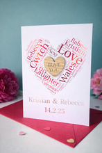Load image into Gallery viewer, Personalised Valentine’s or anniversary card featuring heart shaped word art and engraved wooden heart centre, customised with names and special date
