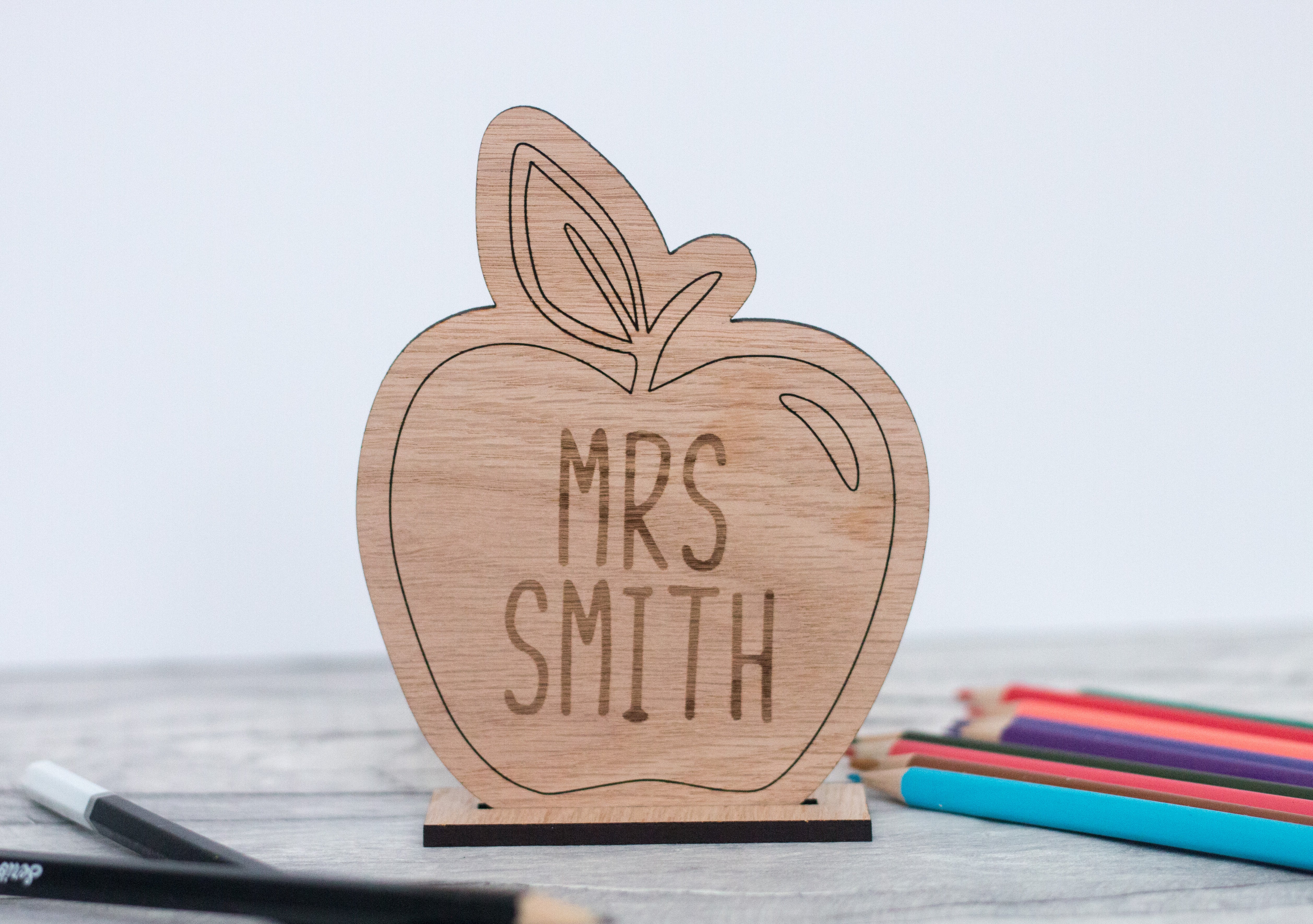 Load image into Gallery viewer, Personalised Oak Teacher's Desk Apple Sign craft product

